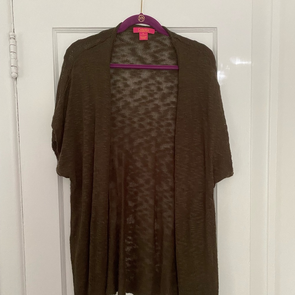 Catherine Acrylic Knit Olive Green Open Cardigan Sweater Sz M Short Sleeve